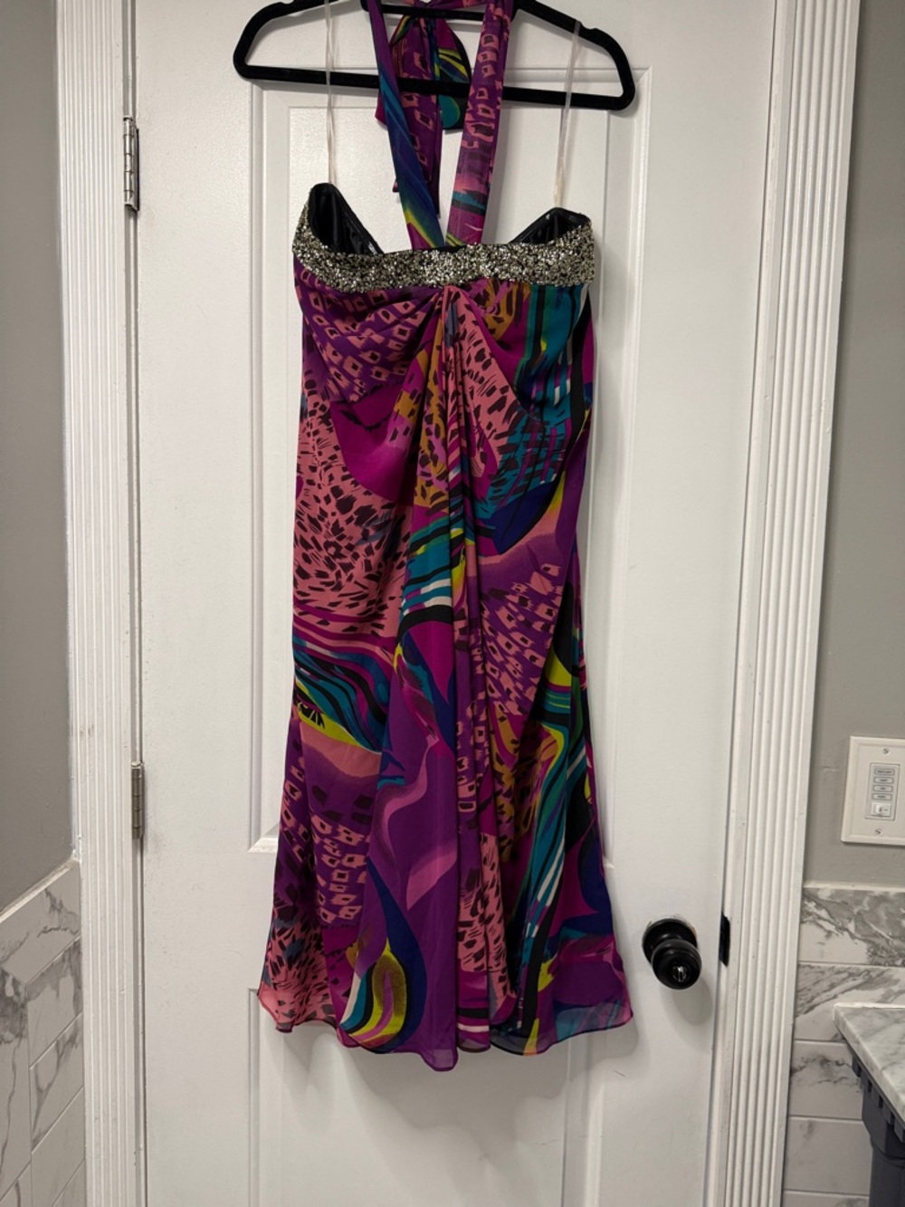 Vibrant Purple Halter vacation Dress with gold sequin Neckline